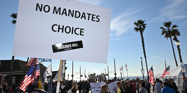 People demonstrate against COVID-19 vaccine mandates for students in Huntington Beach, California, on Jan. 3, 2022.