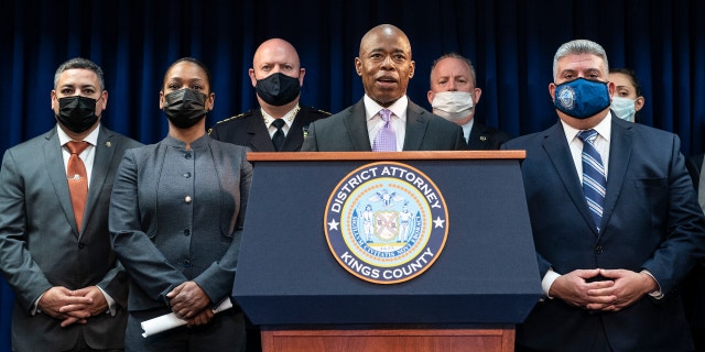 Mayor Eric Adams speaks during a press conference by Brooklyn District Attorney Eric Gonzalez in the District Attorney office.