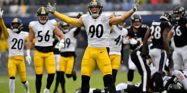 Pittsburgh linebacker T.J. Watt celebrates after a first-quarter sack against the Baltimore Ravens in their game at M and T Bank Stadium in Baltimore, Maryland, on Jan. 9, 2022.