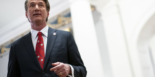 Gov. Glenn Youngkin speaks to the media following a cabinet swearing-in ceremony at the Virginia Executive Mansion in Richmond on Jan. 15, 2022.