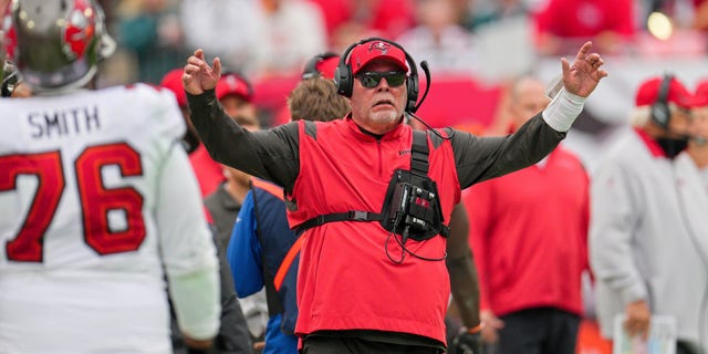 Tampa Bay Buccaneers head coach Bruce Arians is shown during the game against the Philadelphia Eagles on January 16, 2022 at Raymond James Stadium in Tampa, Florida.