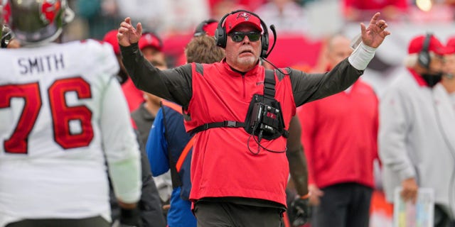 Tampa Bay Buccaneers head coach Bruce Arians is shown during the game against the Philadelphia Eagles on Jan. 16, 2022, at Raymond James Stadium in Tampa, Florida.