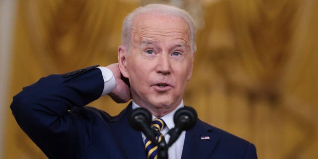 President Biden speaks during a news conference on Wednesday, Jan. 19, 2022. 