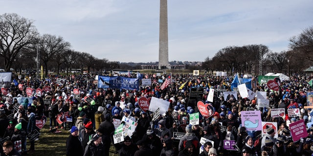 Protesters during the annual March For Life on the National Mall in Washington, DC January 21, 2022. US Supreme Court conservatives suggested they were ready to roll back abortion rights while deliberating a Mississippi case , which could overthrow the landmark Roe of 1973 v.  Wade decision to be decided by the end of June. 