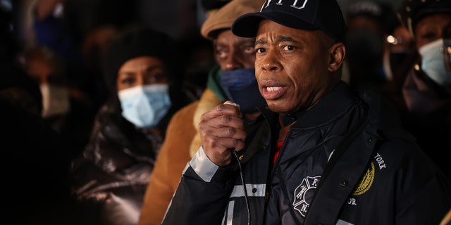 Mayor Eric Adams speaks as hundreds of police officers and FDNY officers gather at the 32nd Precinct for a vigil for two officers shot in Harlem Jan. 22, 2022.