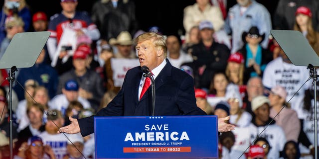 Former President Donald Trump speaks during the Save America rally at the Montgomery County Fairgrounds on Jan. 29, 2022 in Conroe, Texas.