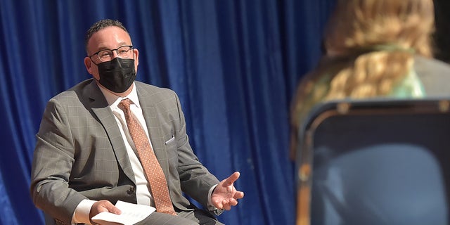 Education Secretary Miguel Cardona visits Beverly Hills Middle School in Upper Darby, Pennsylvania, on April 6, 2021.