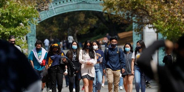 Students walk near the Sather Gate on the UC Berkeley campus in Berkeley, Calif., on Tuesday, Aug. 24, 2021. (Jane Tyska/Digital First Media/East Bay Times via Getty Images)