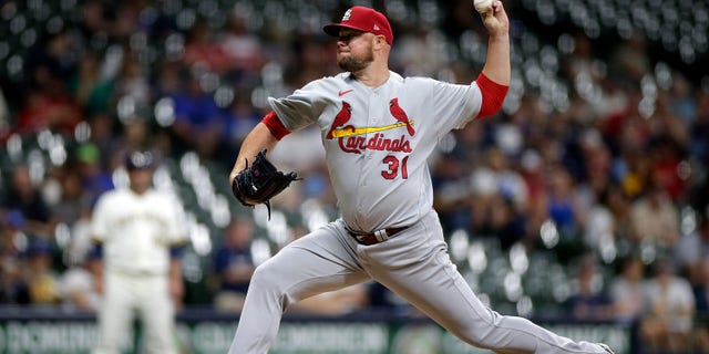 Jon Lester #31 of the St. Louis Cardinals throws a pitch against the Milwaukee Brewers at American Family Field on September 20, 2021 in Milwaukee, Wisconsin. Cardinals defeated the Brewers 5-2.