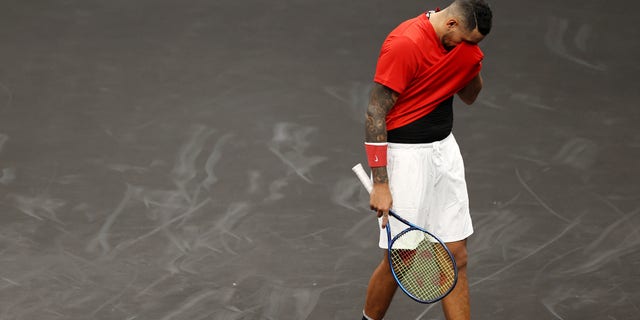 Nick Kyrgios of Team World reacts during his match against Stefanos Tsitsipas of Team Europe on Day 2 of the 2021 Laver Cup at TD Garden on Sept. 25, 2021, in Boston, Massachusetts.