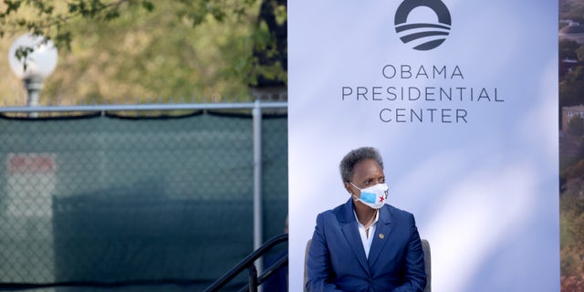 Chicago mayor Lori Lightfoot listens as former U.S. President Barack Obama speaks during a ceremonial groundbreaking at the Obama Presidential Center in Jackson Park on September 28, 2021 in Chicago, Illinois. 