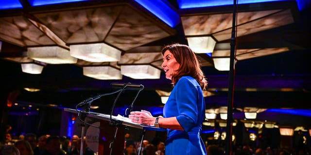 Woodbury, N.Y. Governor of the State of New York, Kathy Hochul addresses attendees at the Nassau County Democratic Party's Annual Fall Dinner, on the evening of Oct. 14, 2021 at the Crest Hollow Country Club in Woodbury, New York. 