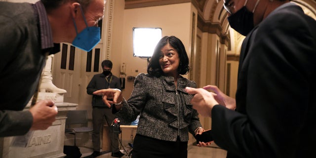 Chair of the Congressional Progressive Caucus Rep. Pramila Jayapal (D-Wash.) leaves the Will Rogers Hallway following a television interview at the U.S. Capitol on November 18, 2021, in Washington, DC.