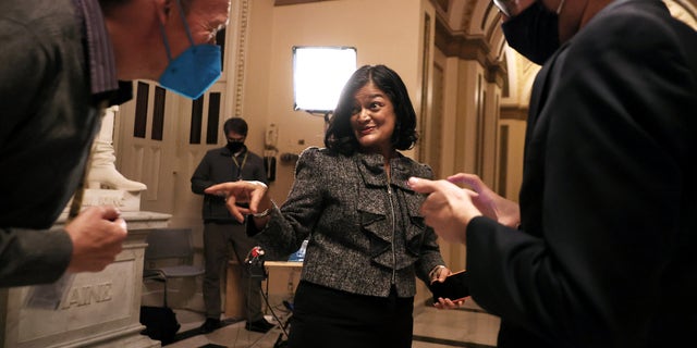 WASHINGTON, DC - NOVEMBER 18: Chair of the Congressional Progressive Caucus Rep. Pramila Jayapal (D-WA) leaves the Will Rogers Hallway following a television interview at the U.S. Capitol on November 18, 2021 in Washington, DC. Democratic leaders in the House are waiting on the final Congressional Budget Office cost estimate for President Joe Biden's Build Back Better before scheduling a vote on the $1.75 trillion social benefits and climate legislation. 