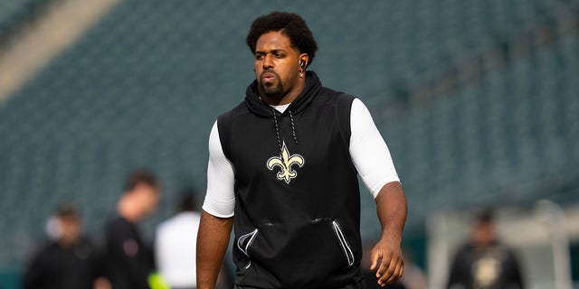 Cameron Jordan of the New Orleans Saints before the game against the Eagles at Lincoln Financial Field on Nov. 21, 2021, in Philadelphia.