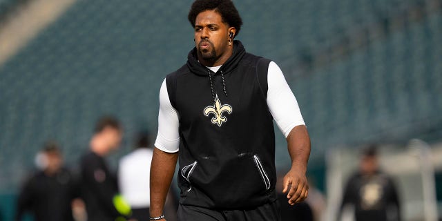 Cameron Jordan of the New Orleans Saints before the game against the Eagles at Lincoln Financial Field on Nov. 21, 2021, in Philadelphia.