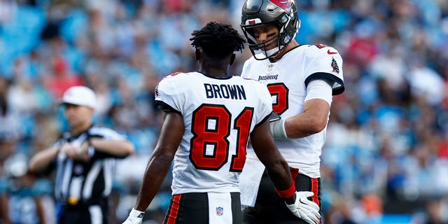 CHARLOTTE, NORTH CAROLINA - DECEMBER 26: Tom Brady #12 of the Tampa Bay Buccaneers reacts with Antonio Brown #81 during the second half of the game against the Carolina Panthers at Bank of America Stadium on December 26, 2021 in Charlotte, North Carolina. 