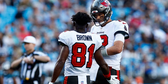 Tom Brady # 12 des Buccaneers de Tampa Bay interagit avec Antonio Brown # 81 lors de la seconde moitié d'un match contre les Panthers de la Caroline au stade Bank of America le 26 décembre 2021 à Charlotte, en Caroline du Nord. 