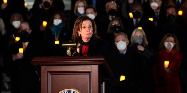 U.S. Speaker of the House Nancy Pelosi (D-CA) delivers remarks alongside fellow lawmakers as they participate in a prayer vigil to commemorate the anniversary of the January 6 attack on the U.S. Capitol, at the U.S. Capitol on January 06, 2022, in Washington, DC.