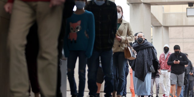 People wait in line to be tested for COVID-19 at Union Station Jan. 7, 2022, in Los Angeles. (Getty Images)