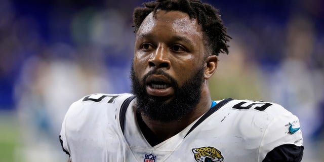 Lerentee McCray #55 of the Jacksonville Jaguars walks off the field after the game against the Indianapolis Colts at Lucas Oil Stadium on November 14, 2021 in Indianapolis, Indiana.