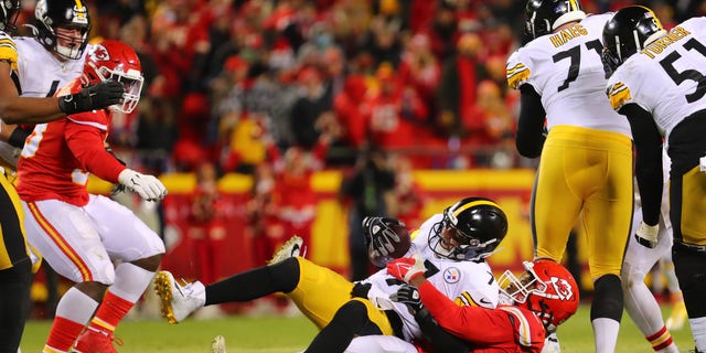 Michael Danna of the Kansas City Chiefs sacks the Pittsburgh Steelers' Ben Roethlisberger during the wild card game on Jan. 16, 2022, in Kansas City, Missouri.