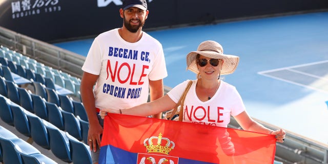 Serbian fans show their support during day one of the 2022 Australian Open at Melbourne Park on Jan. 17, 2022 in Melbourne, Australia.