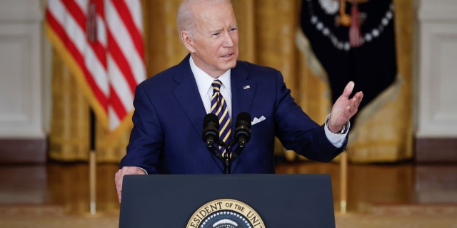 President Biden answers questions during a news conference in the East Room of the White House on Jan. 19, 2022, in Washington.