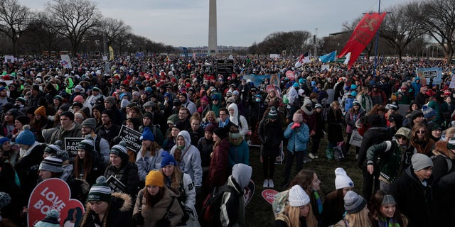 Anti-abortion activists listen to speakers during the 49th annual March for Life rally on the National Mall on Jan. 21, 2022, in Washington. (Anna Moneymaker/Getty Images)