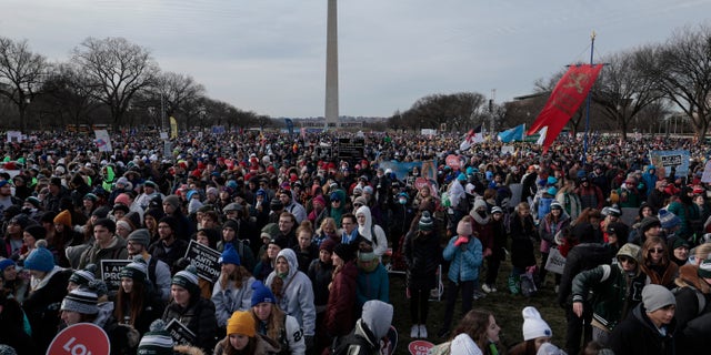 WASHINGTON, DC - JANUARY 21: Anti-abortion activists attend the speaker event of the 49th annual March for Life rally on the National Mall on January 21, 2022 in Washington, DC. The rally draws activists from around the country who are calling on the U.S. Supreme Court to overturn the Roe v. Wade decision that legalized abortion nationwide.