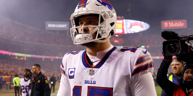 Josh Allen #17 of the Buffalo Bills walks off the field after being defeated by the Kansas City Chiefs in the AFC Divisional Playoff game at Arrowhead Stadium on Jan. 23, 2022 in Kansas City, Missouri.