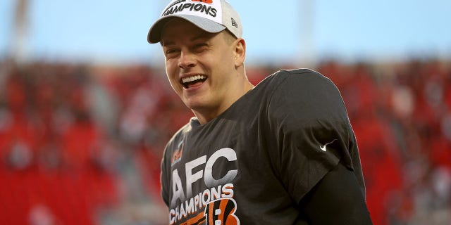 Quarterback Joe Burrow #9 of the Cincinnati Bengals reacts after the Bengals defeated the Kansas City Chiefs to win the AFC Championship Game at Arrowhead Stadium on January 30, 2022 in Kansas City, Missouri.