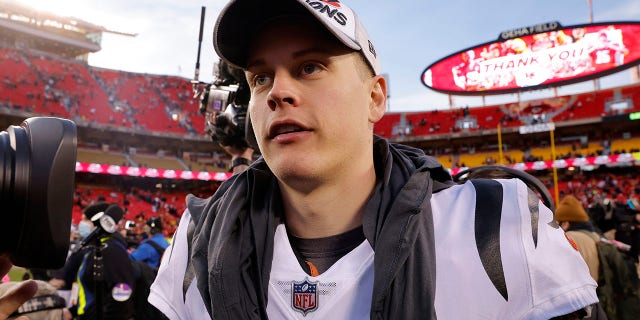 KANSAS CITY, MISSOURI - JANUARY 30: Joe Burrow #9 of the Cincinnati Bengals reacts after defeating the Kansas City Chiefs 27-24 in the AFC Championship Game at Arrowhead Stadium on January 30, 2022 in Kansas City, Missouri.