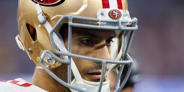 Jimmy Garoppolo of the San Francisco 49ers during the NFC Championship Game against the Los Angeles Rams on Jan. 30, 2022, in Inglewood, California.