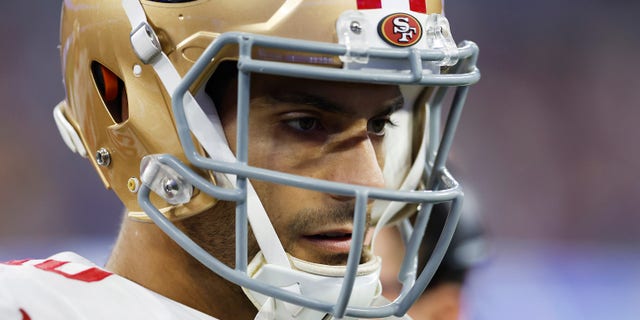 Jimmy Garoppolo of the San Francisco 49ers during the NFC Championship Game against the Los Angeles Rams on Jan. 30, 2022, in Inglewood, California.