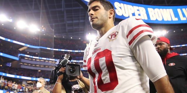 Jimmy Garoppolo walks off the field after the San Francisco 49ers lost the NFC Championship Game to the Los Angeles Rams, 20-17, at SoFi Stadium on Jan. 30, 2022 in Inglewood, California.