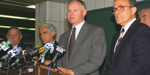 Press conference at 20th pct. with Mayor Rudy Giuliani, Police commissioner Howard Safir and Parks commissioner Henry Stern, June 05, 1996.