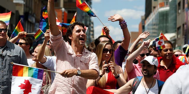 Canadian Prime Minister Justin Trudeau participates in the annual Pride Parade in Toronto, Ontario, in 2016. (Rick Madonik/Toronto Star via Getty Images)