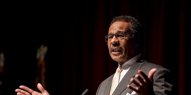 Rep. Emanuel Cleaver, D-Mo., speaks to supporters of Jason Kander, Democratic candidate for U.S. Senate in Missouri, at Uptown Theater on November 8, 2016, Kansas City, Missouri. (Photo by Whitney Curtis/Getty Images)