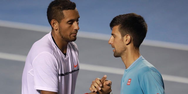 Novak Djokovic of Serbia snakes hands with Nick Kyrgios of Australia after losing the match as part of the Abierto Mexicano Telcel 2017 at the Fairmont Acapulco Princess on March 2, 2017 in Mexico. 