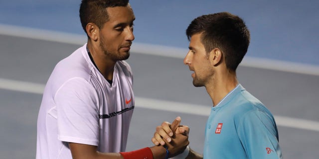 Novak Djokovic of Serbia snakes hands with Nick Kyrgios of Australia after losing the match as part of the Abierto Mexicano Telcel 2017 at the Fairmont Acapulco Princess on March 2, 2017 in Mexico.
