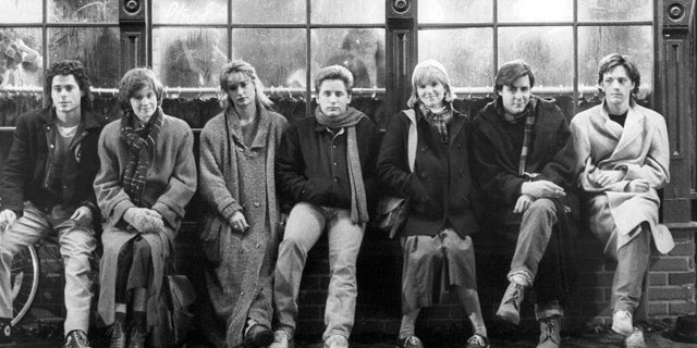 The cast of 'St. Elmo's Fire', directed by Joel Schumacher, 1985. Left to right: Rob Lowe, Ally Sheedy, Demi Moore, Emilio Estevez, Mare Winningham, Judd Nelson and Andrew McCarthy.