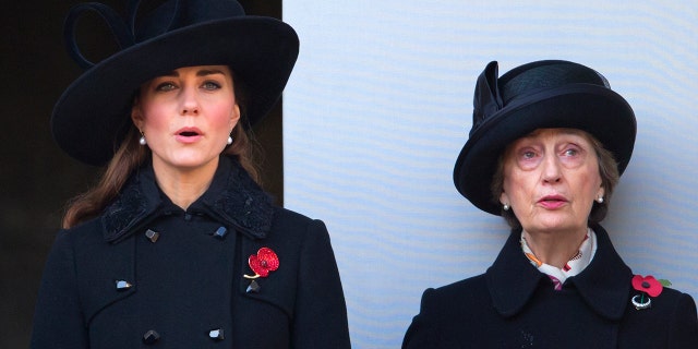 Catherine, Duchess of Cambridge (left) with Lady Susan Hussey (lady-in-waiting to Queen Elizabeth II and Godmother to Prince William, Duke of Cambridge).