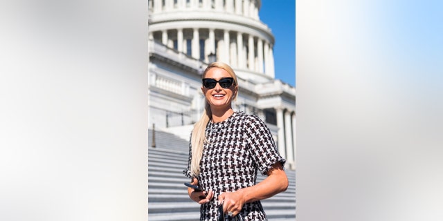 Paris Hilton is seen on the east front the U.S. Capitol while in Washington to advocate for protections for youth in congregate care facilities on Oct. 21, 2021.