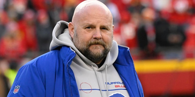 Buffalo Bills offensive coordinator Brian Daboll attends warmups before an NFL divisional playoff game against the Kansas City Chiefs Jan. 23, 2022, in Kansas City, Mo.