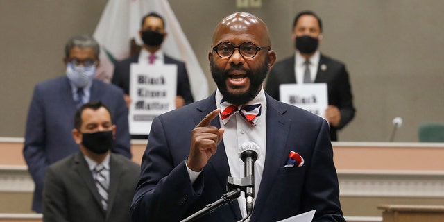 Assemblyman Mike Gipson, D-Carson, discusses the use of police choke holds at a news conference in Sacramento, California, on June 8, 2020. 