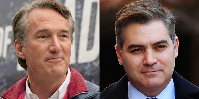 Republican Virginia Gov. Glenn Youngkin, izquierda, and CNN host Jim Acosta, derecho. (Reuters / Getty Images)