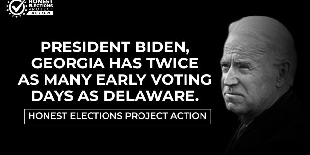 Honest Elections Project Action billboard slide on Georgia election laws versus Delaware laws, courtesy of Honest Elections Project Action.
