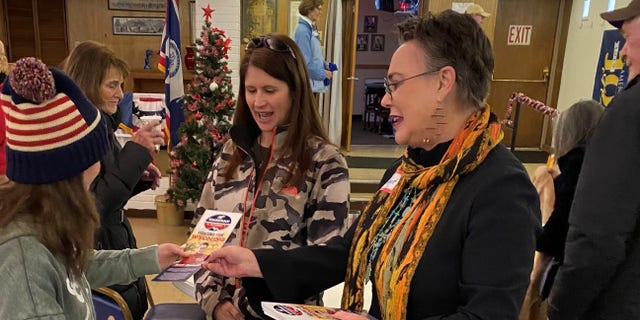 Republican congressional candidate Harriet Hageman speaks with voters at an Albany County GOP breakfast in Laramie, Wyoming, on Jan. 8, 2022