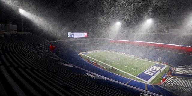 A general view of Highmark Stadium as snow falls before the game between the New England Patriots and the Buffalo Bills on Dec. 06, 2021, in Orchard Park, New York.